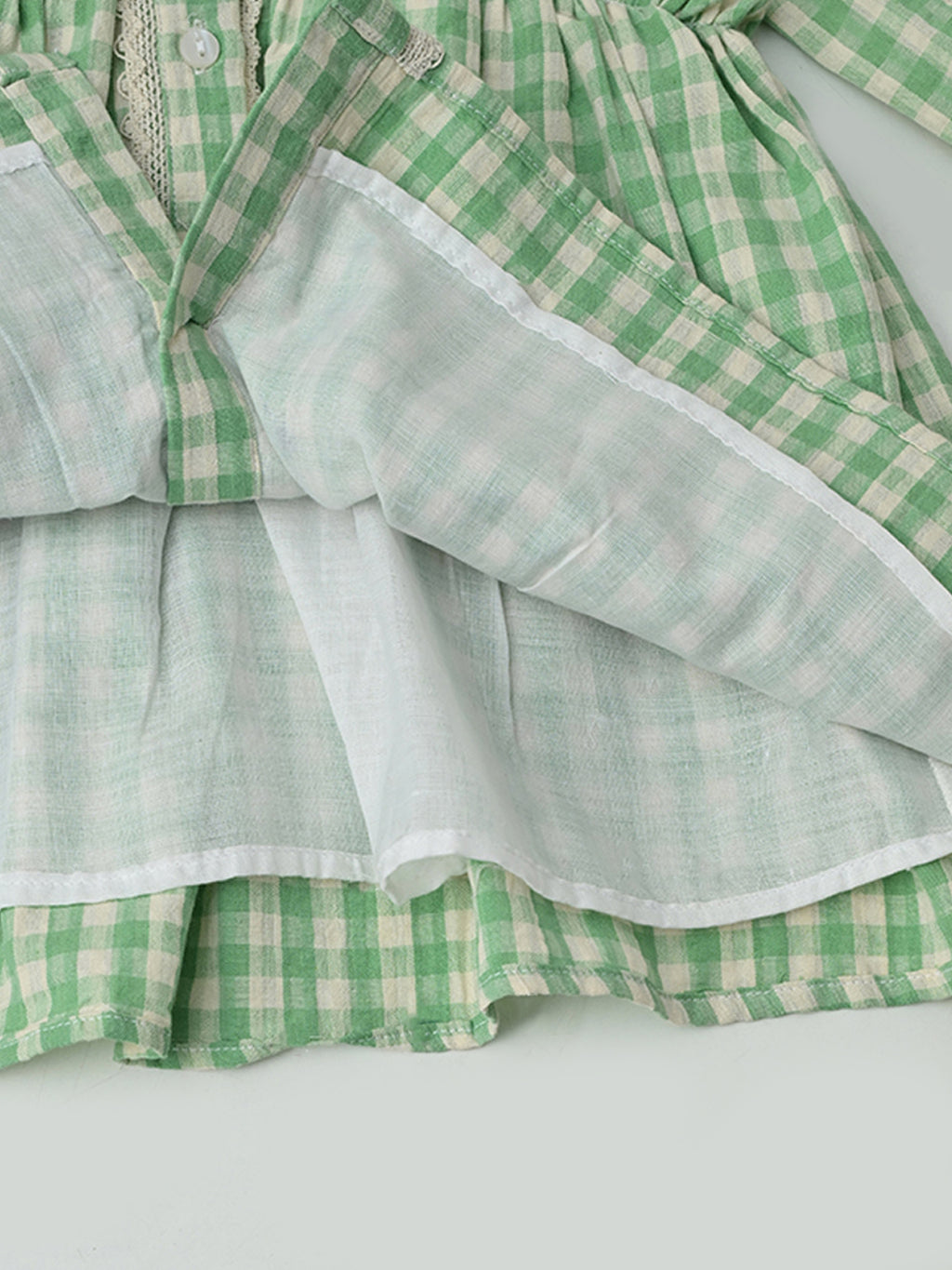 Baby Girls Checked Cotton Dress with Embroidered Pockets - Green- MADR632L