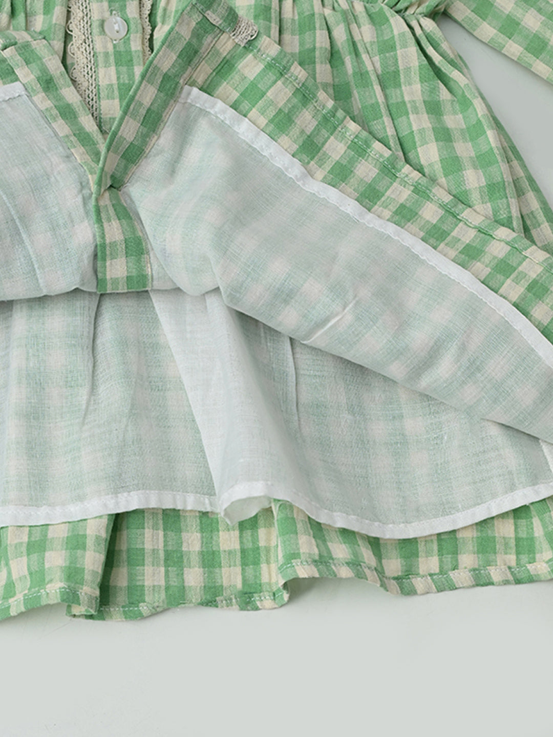 Baby Girls Checked Cotton Dress with Embroidered Pockets - Green- MADR632L