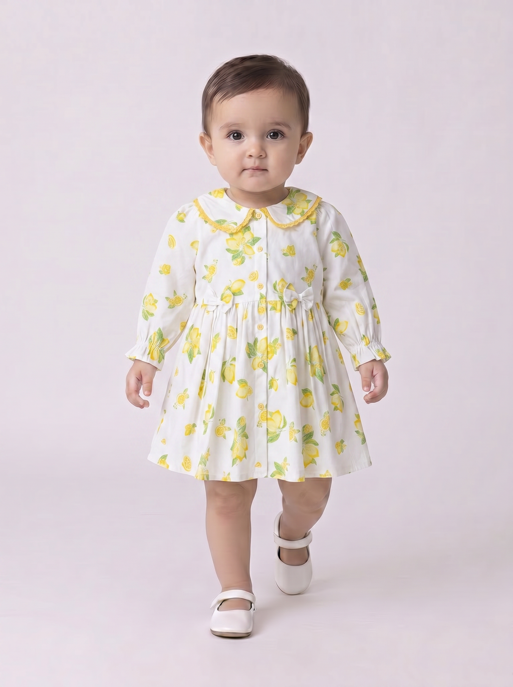 Baby Girls Floral Printed CottonWoven  Dress with Peter Pan Collar -White- MADR641L