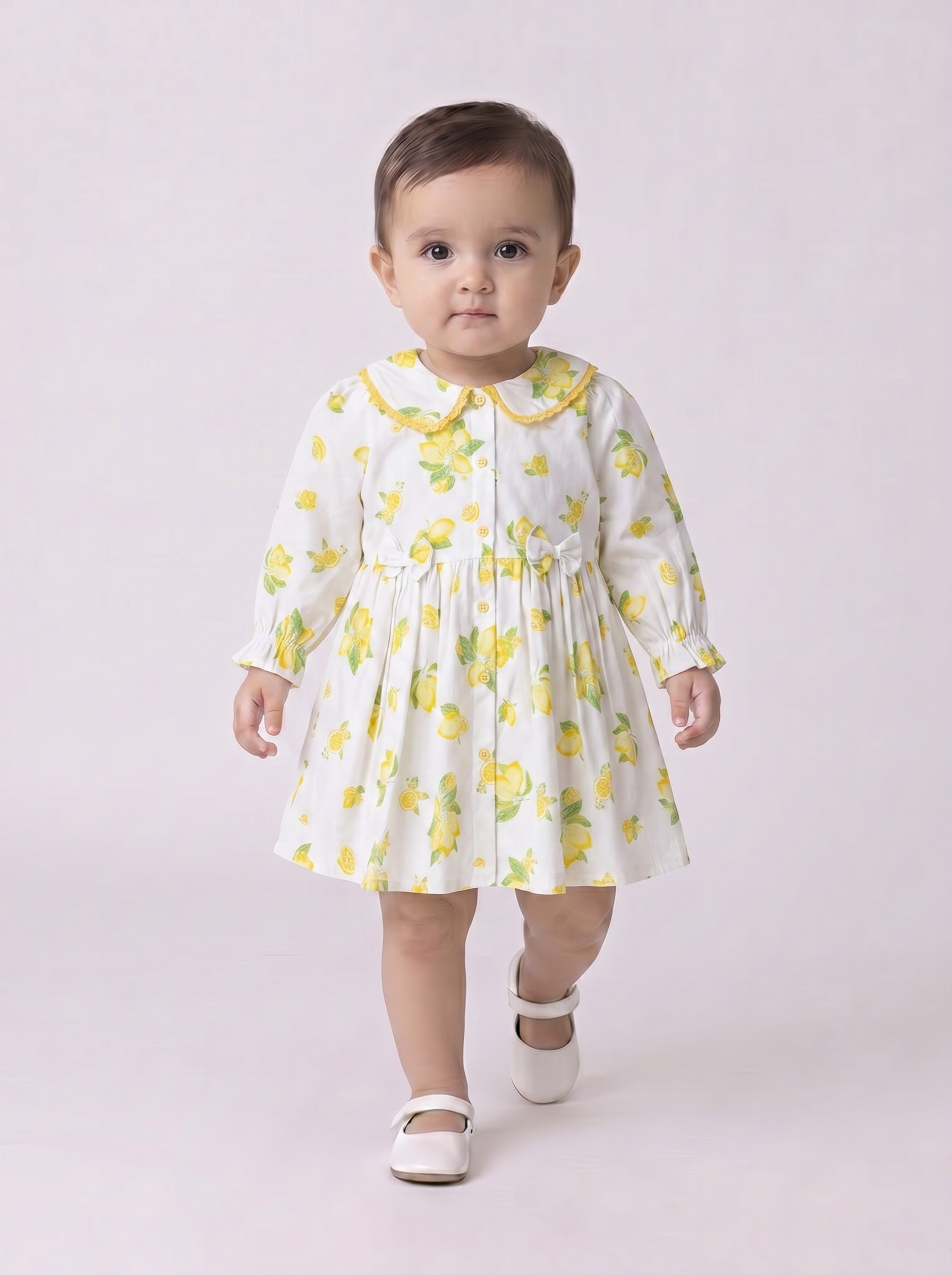 Baby Girls Floral Printed CottonWoven  Dress with Peter Pan Collar -White- MADR641L