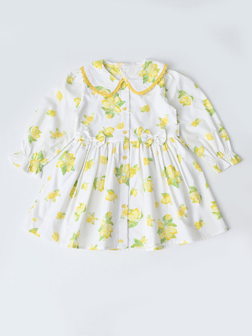 Baby Girls Floral Printed CottonWoven  Dress with Peter Pan Collar -White- MADR641L