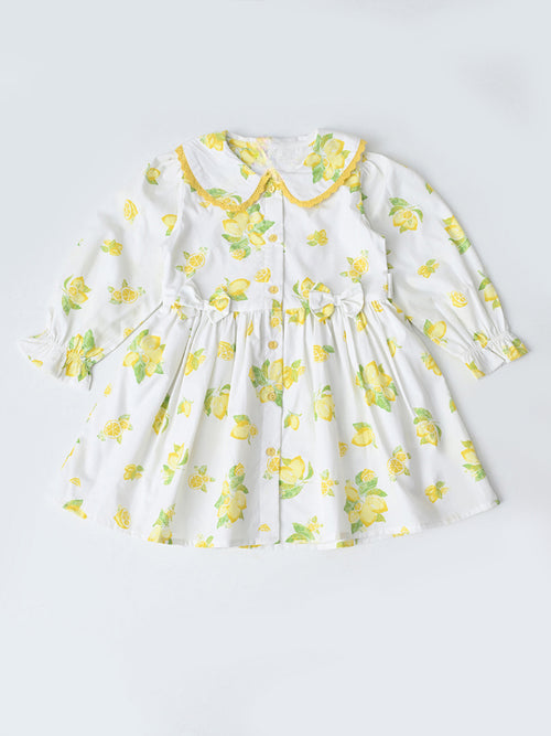 Baby Girls Floral Printed CottonWoven  Dress with Peter Pan Collar -White- MADR641L
