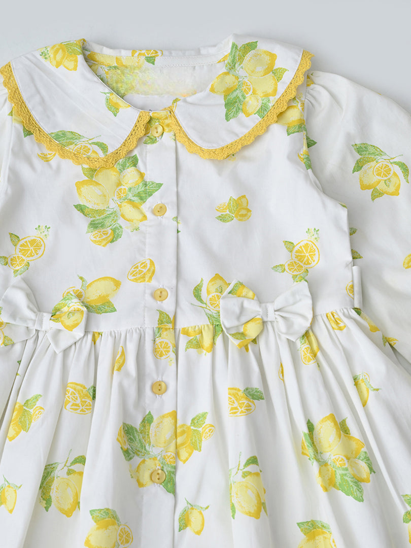 Baby Girls Floral Printed CottonWoven  Dress with Peter Pan Collar -White- MADR641L