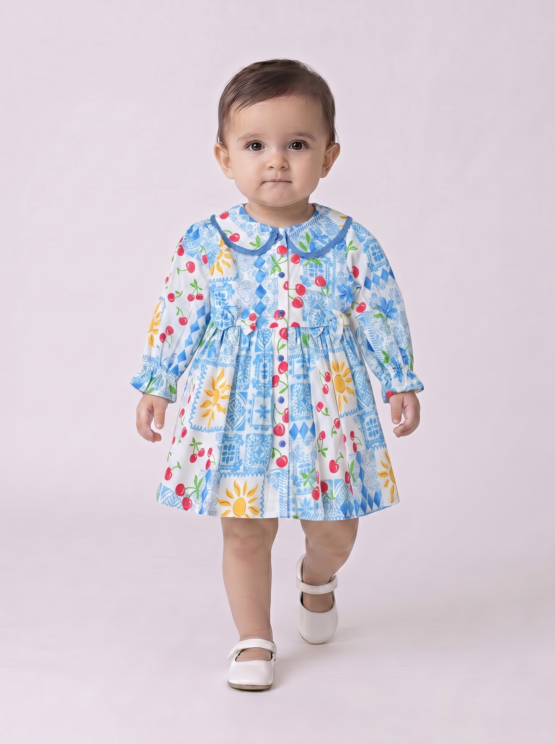 Baby Girls Floral Printed CottonWoven  Dress with Peter Pan Collar -Blue- MADR642L