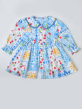 Baby Girls Floral Printed CottonWoven  Dress with Peter Pan Collar -Blue- MADR642L