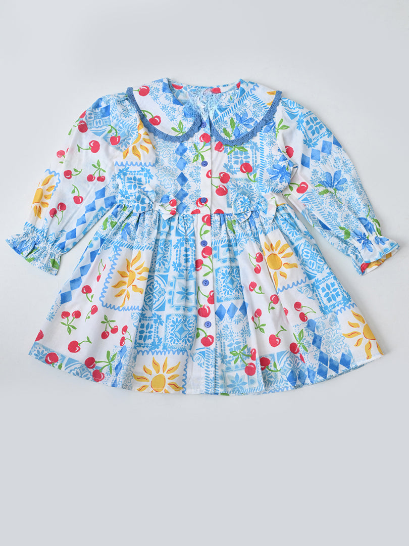 Baby Girls Floral Printed CottonWoven  Dress with Peter Pan Collar -Blue- MADR642L