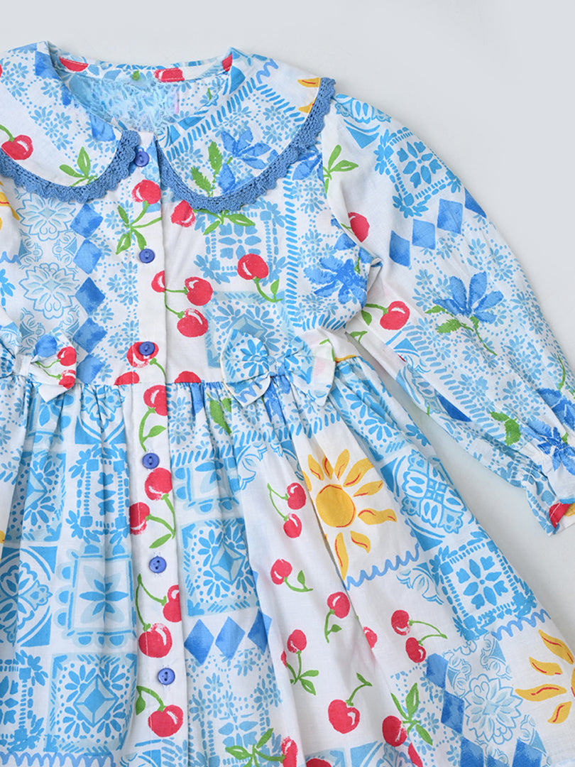 Baby Girls Floral Printed CottonWoven  Dress with Peter Pan Collar -Blue- MADR642L