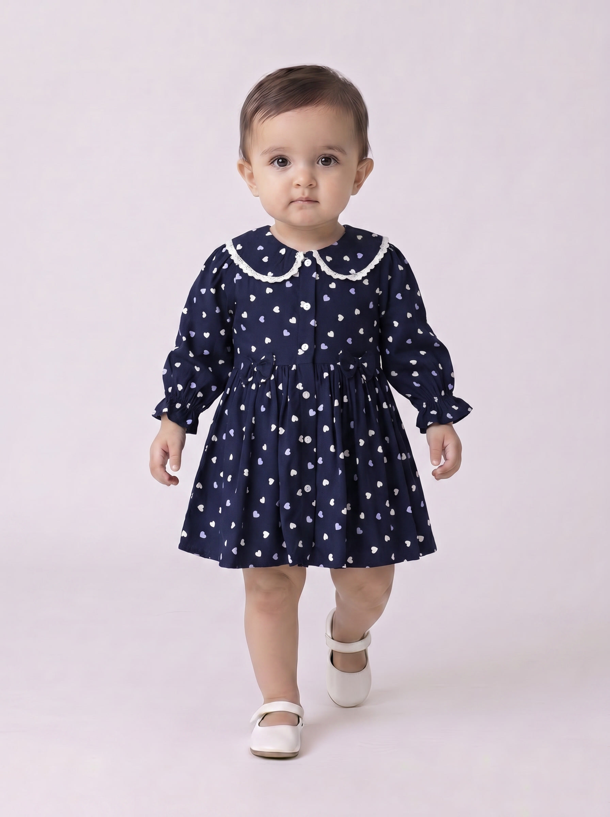 Baby Girls Floral Printed CottonWoven  Dress with Peter Pan Collar -Navy- MADR643L