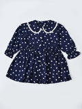 Baby Girls Floral Printed CottonWoven  Dress with Peter Pan Collar -Navy- MADR643L
