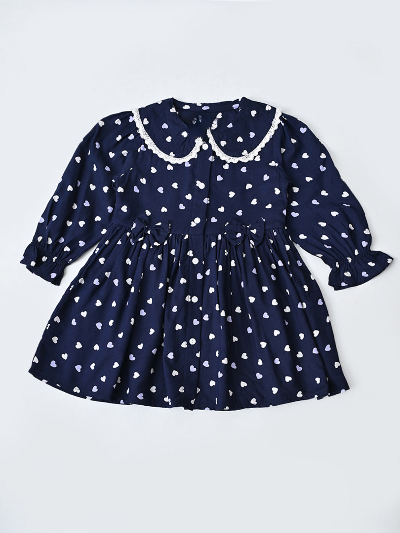 Baby Girls Floral Printed CottonWoven  Dress with Peter Pan Collar -Navy- MADR643L