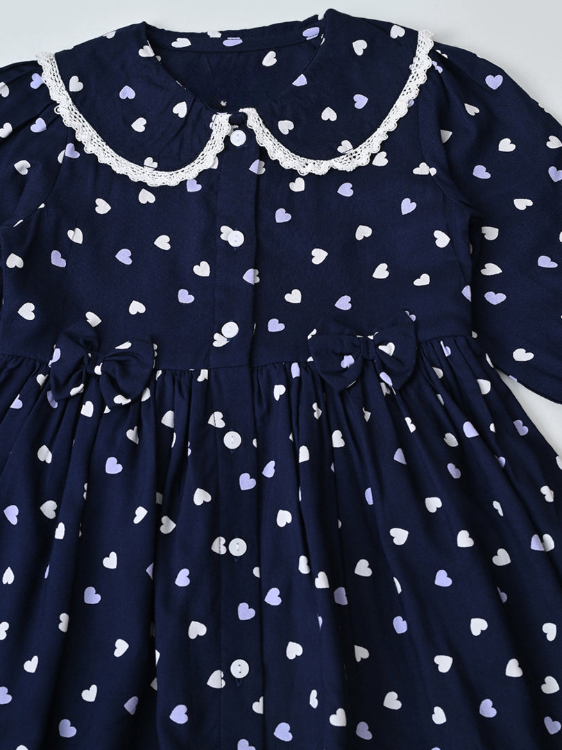 Baby Girls Floral Printed CottonWoven  Dress with Peter Pan Collar -Navy- MADR643L