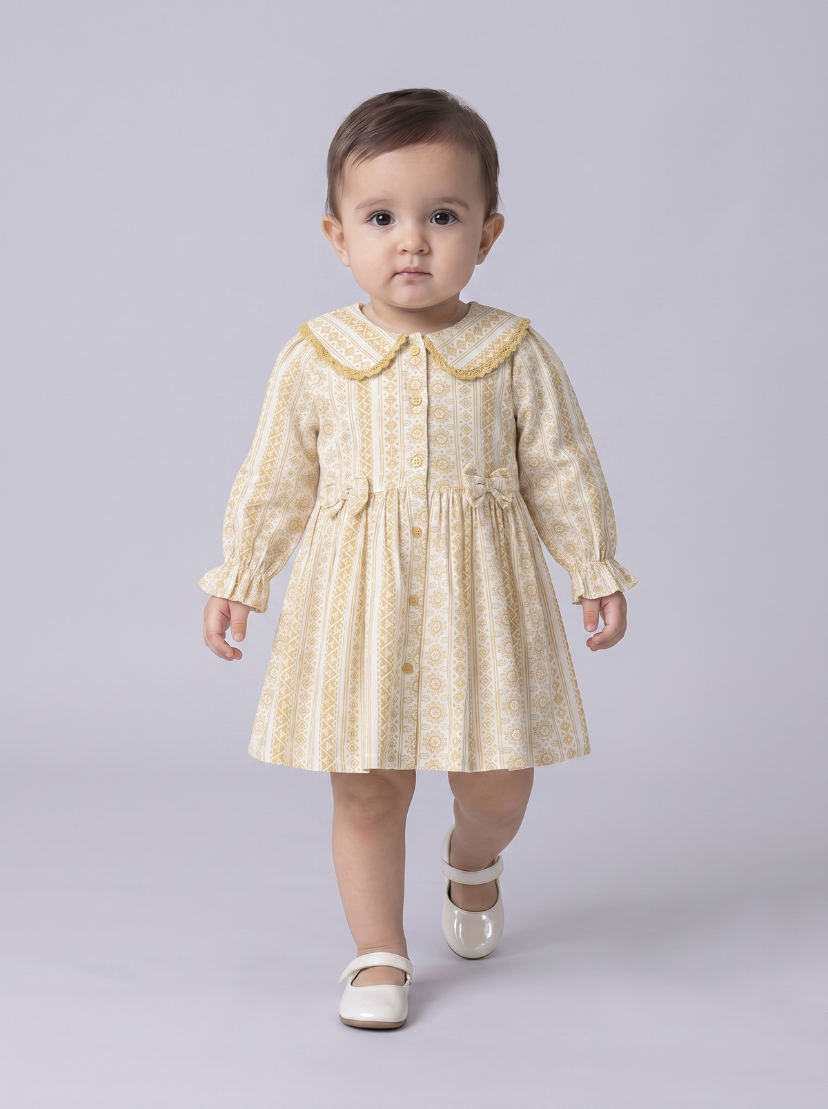 Baby Girls Floral Printed CottonWoven  Dress with Peter Pan Collar -Yellow- MADR644L