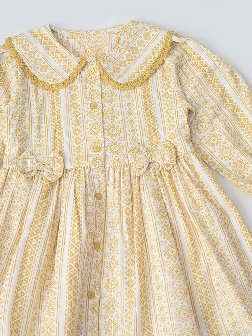 Baby Girls Floral Printed CottonWoven  Dress with Peter Pan Collar -Yellow- MADR644L