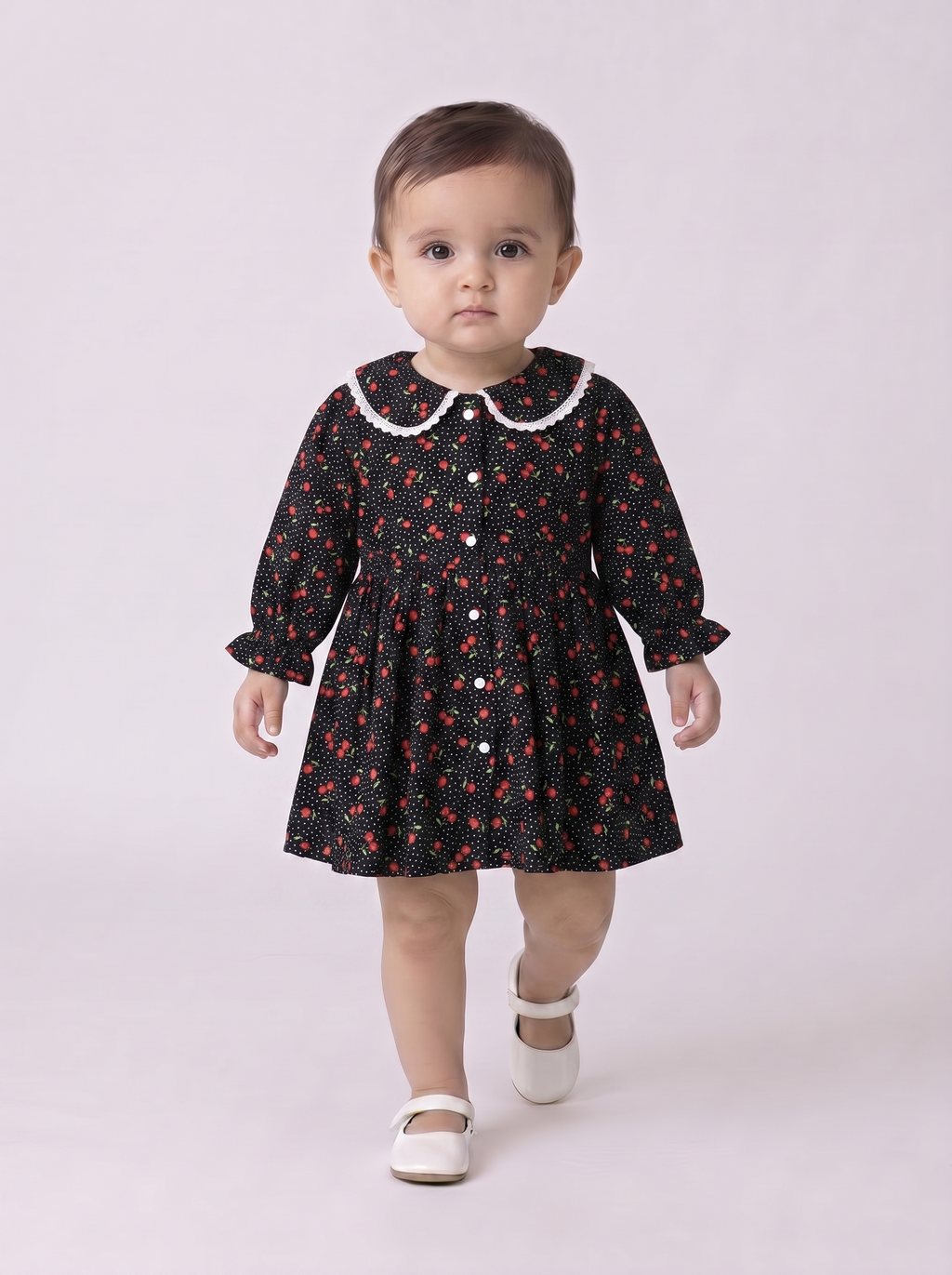 Baby Girls Floral Printed CottonWoven  Dress with Peter Pan Collar -Black- MADR645L