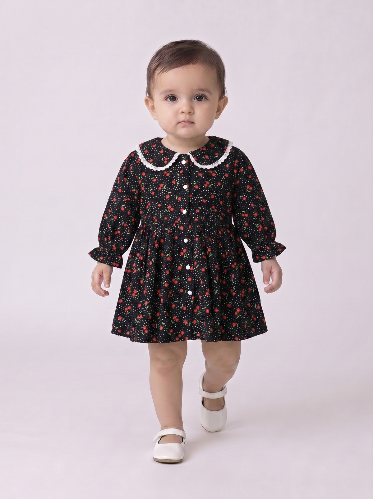 Baby Girls Floral Printed CottonWoven  Dress with Peter Pan Collar -Black- MADR645L