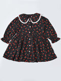 Baby Girls Floral Printed CottonWoven  Dress with Peter Pan Collar -Black- MADR645L