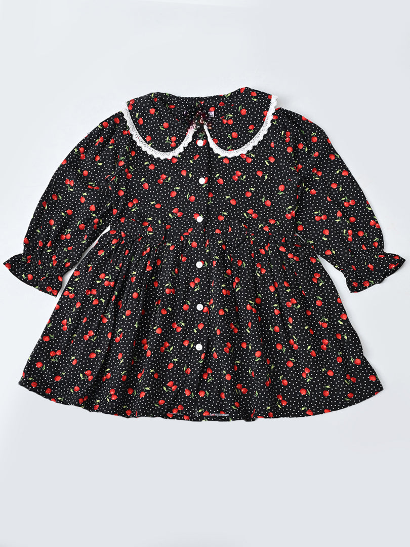 Baby Girls Floral Printed CottonWoven  Dress with Peter Pan Collar -Black- MADR645L