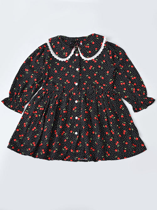 Baby Girls Floral Printed CottonWoven  Dress with Peter Pan Collar -Black- MADR645L