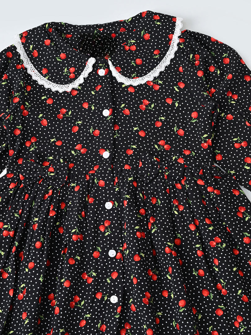 Baby Girls Floral Printed CottonWoven  Dress with Peter Pan Collar -Black- MADR645L