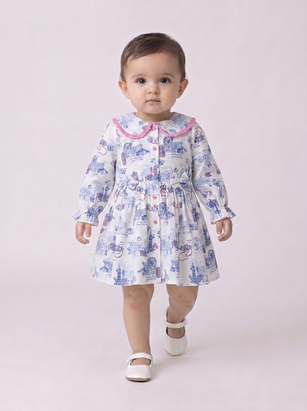 Baby Girls Floral Printed CottonWoven  Dress with Peter Pan Collar -Sky Blue- MADR646L