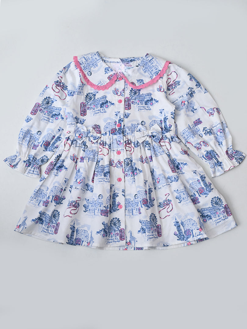 Baby Girls Floral Printed CottonWoven  Dress with Peter Pan Collar -Sky Blue- MADR646L