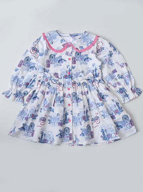 Baby Girls Floral Printed CottonWoven  Dress with Peter Pan Collar -Sky Blue- MADR646L