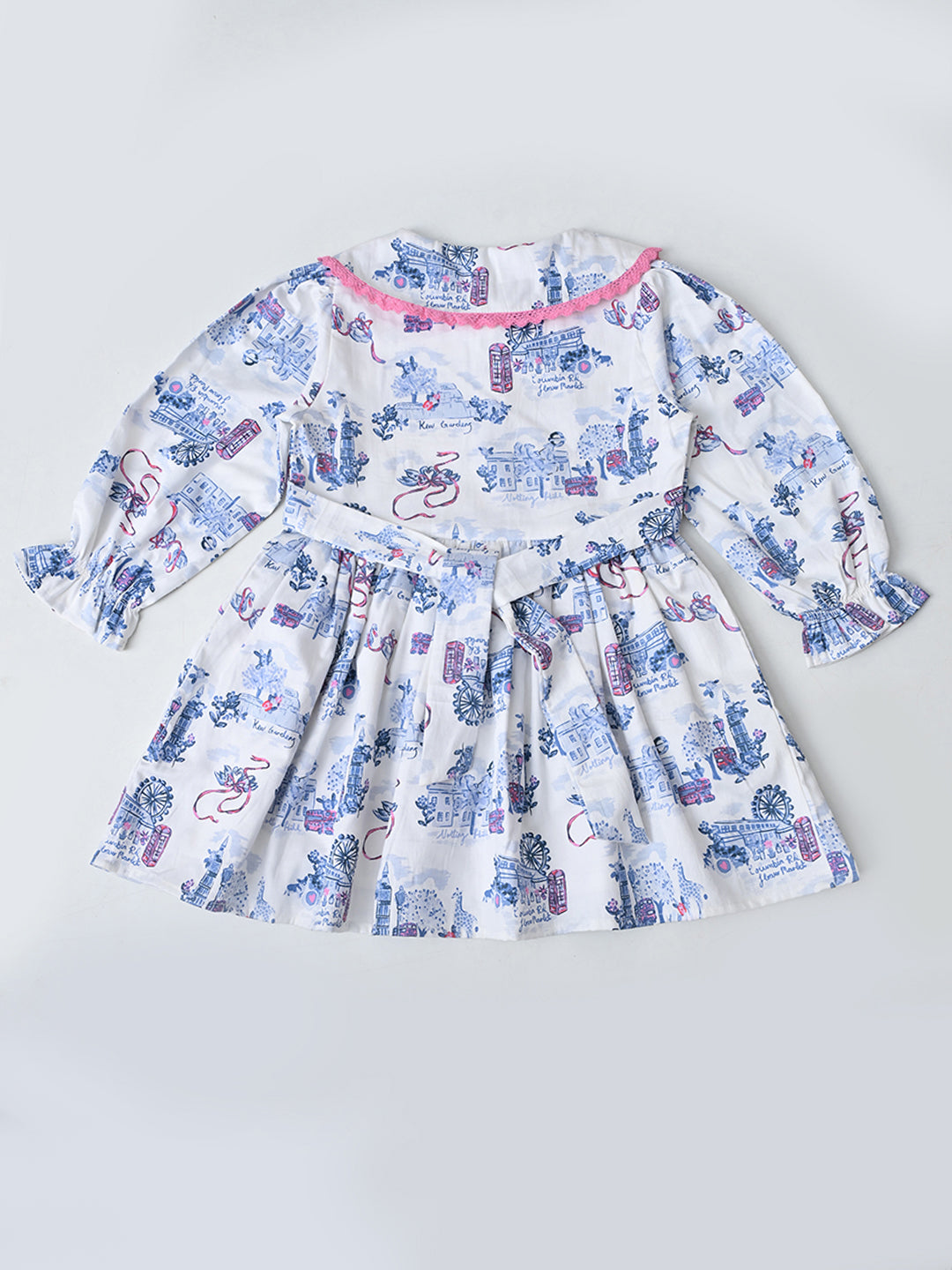 Baby Girls Floral Printed CottonWoven  Dress with Peter Pan Collar -Sky Blue- MADR646L