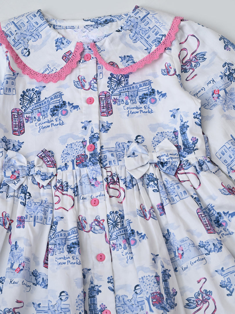 Baby Girls Floral Printed CottonWoven  Dress with Peter Pan Collar -Sky Blue- MADR646L