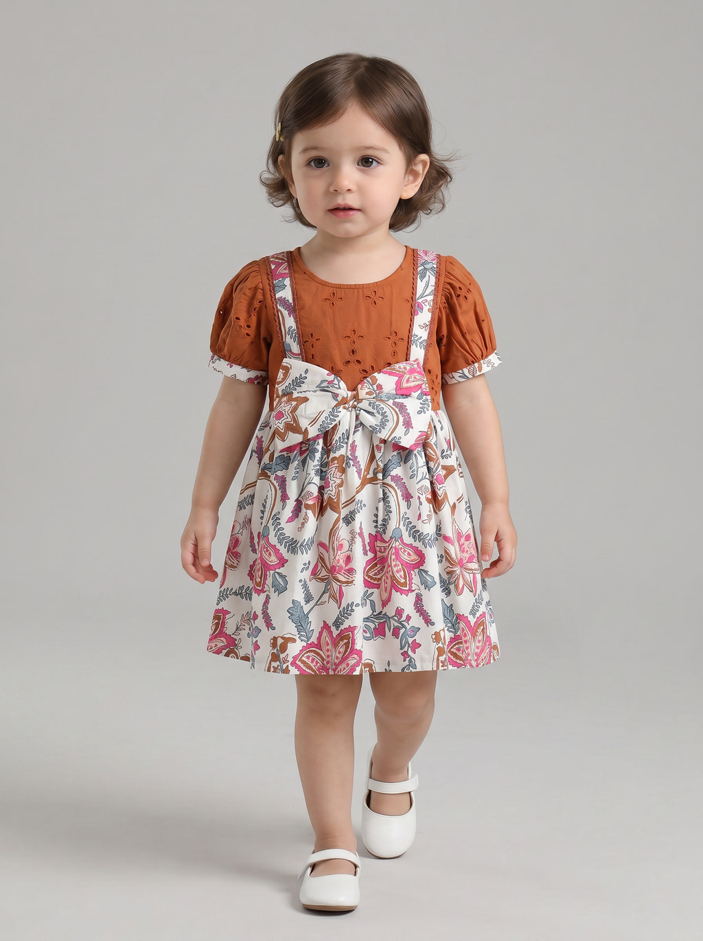 Baby Girls Printed Cotton Woven Fit & Flare Dress with Puff Sleeves and Bow Appilque- Rust Brown & White- MADR648L