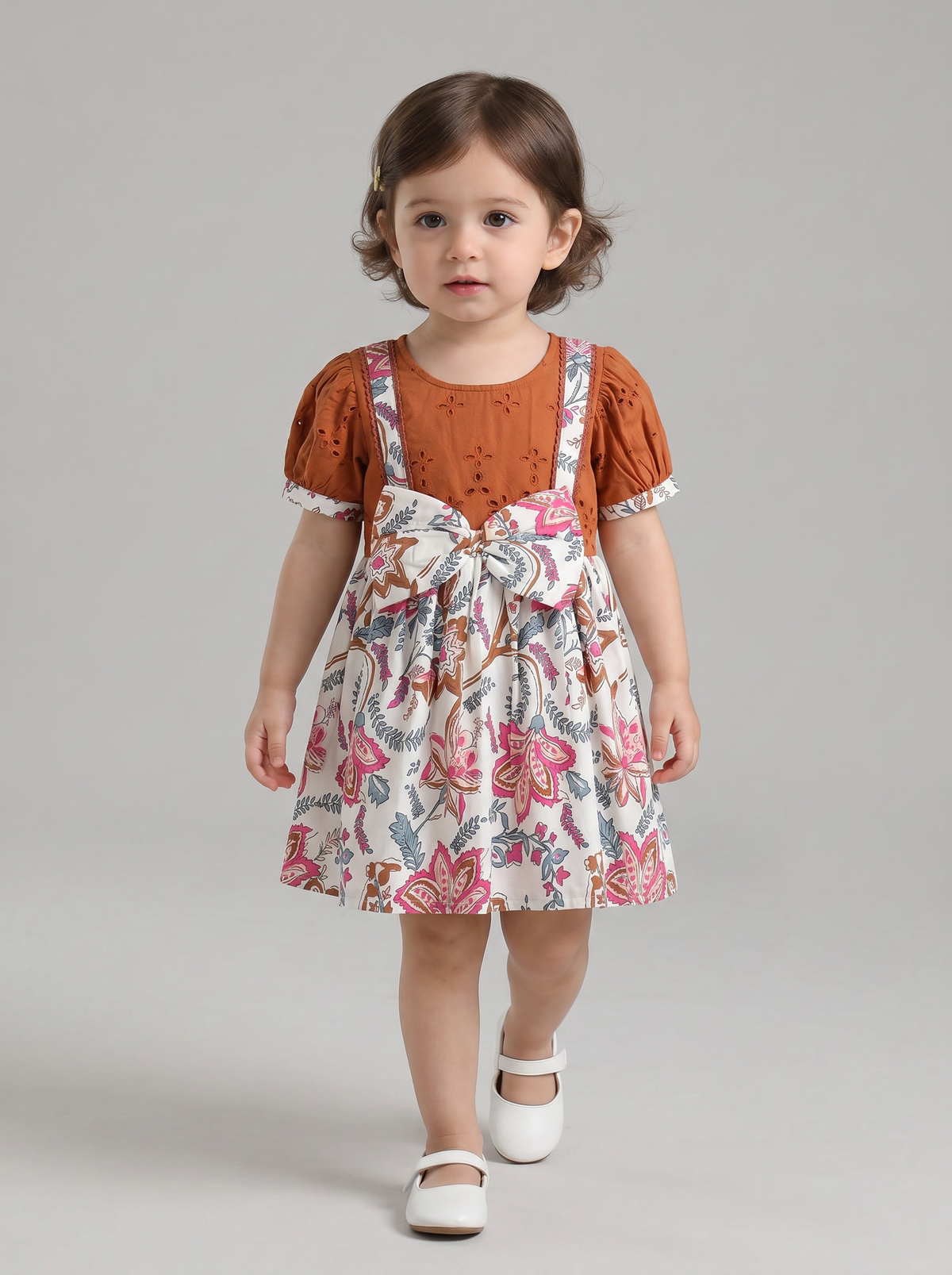 Baby Girls Printed Cotton Woven Fit & Flare Dress with Puff Sleeves and Bow Appilque- Rust Brown & White- MADR648L