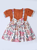 Baby Girls Printed Cotton Woven Fit & Flare Dress with Puff Sleeves and Bow Appilque- Rust Brown & White- MADR648L