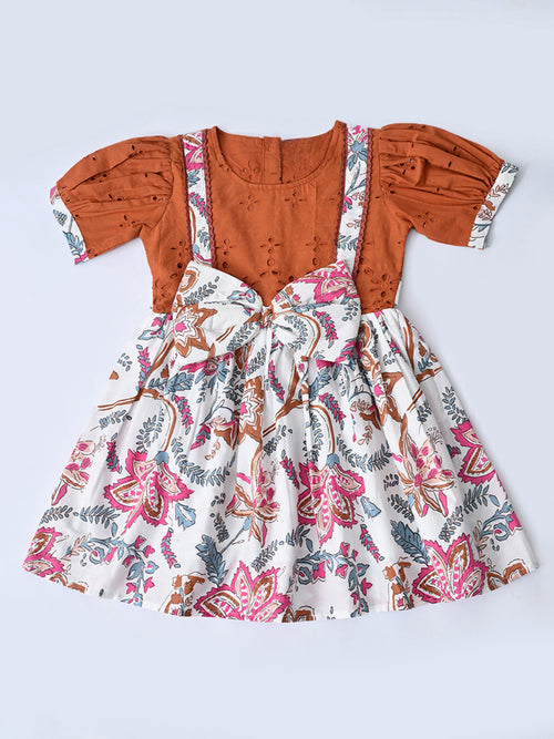 Baby Girls Printed Cotton Woven Fit & Flare Dress with Puff Sleeves and Bow Appilque- Rust Brown & White- MADR648L