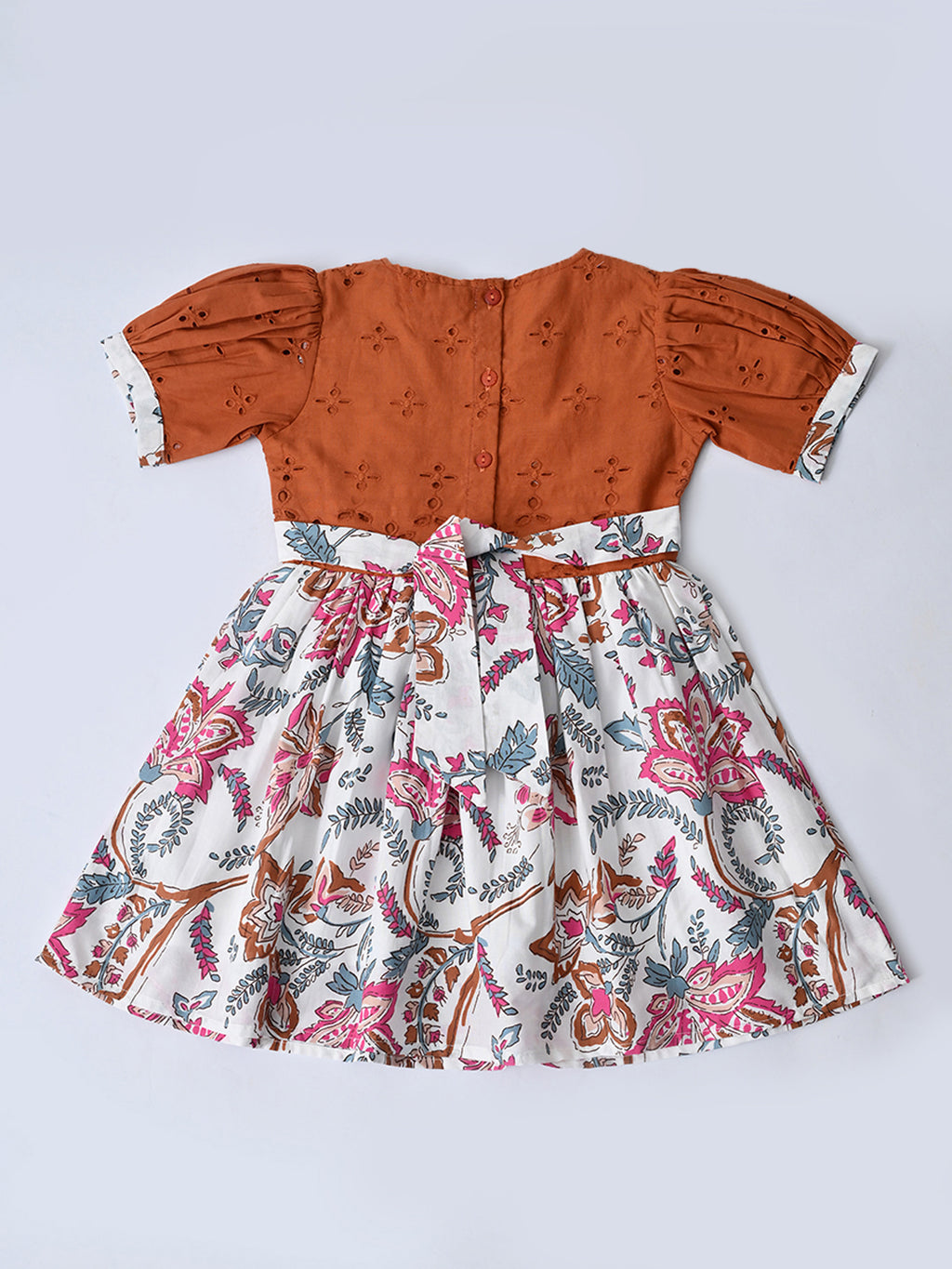 Baby Girls Printed Cotton Woven Fit & Flare Dress with Puff Sleeves and Bow Appilque- Rust Brown & White- MADR648L