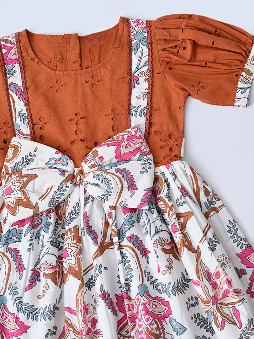 Baby Girls Printed Cotton Woven Fit & Flare Dress with Puff Sleeves and Bow Appilque- Rust Brown & White- MADR648L
