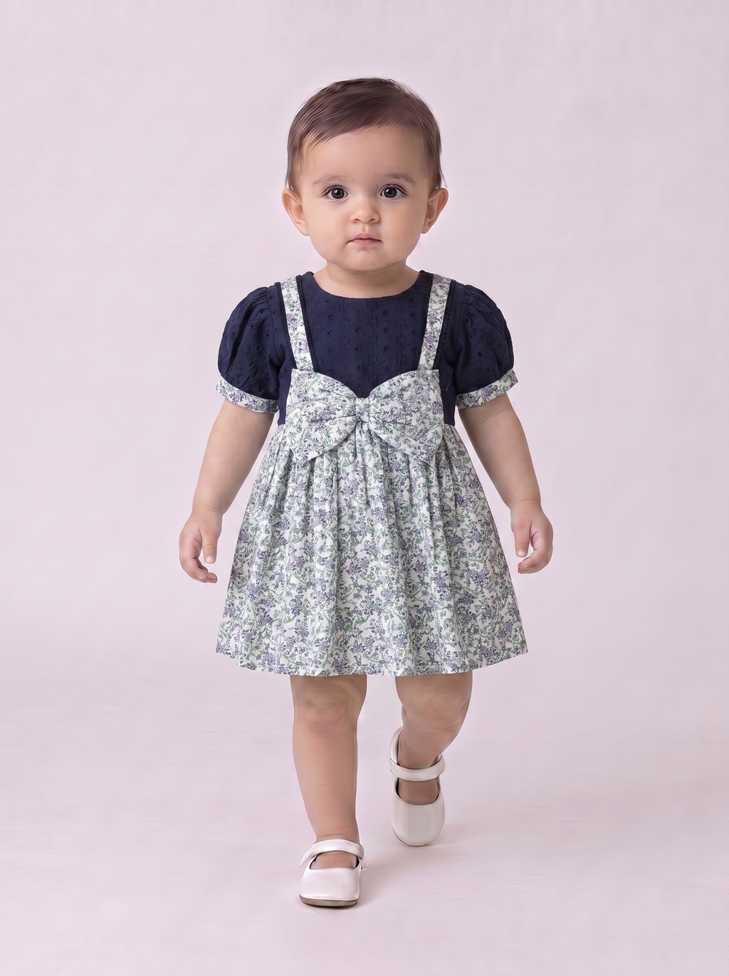 Baby Girls Printed Cotton Woven Fit & Flare Dress with Puff Sleeves and Bow Appilque-Blue- MADR649L