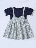 Baby Girls Printed Cotton Woven Fit & Flare Dress with Puff Sleeves and Bow Appilque-Blue- MADR649L