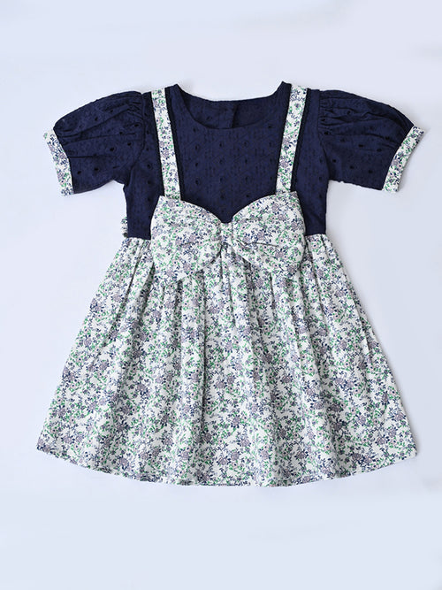 Baby Girls Printed Cotton Woven Fit & Flare Dress with Puff Sleeves and Bow Appilque-Blue- MADR649L