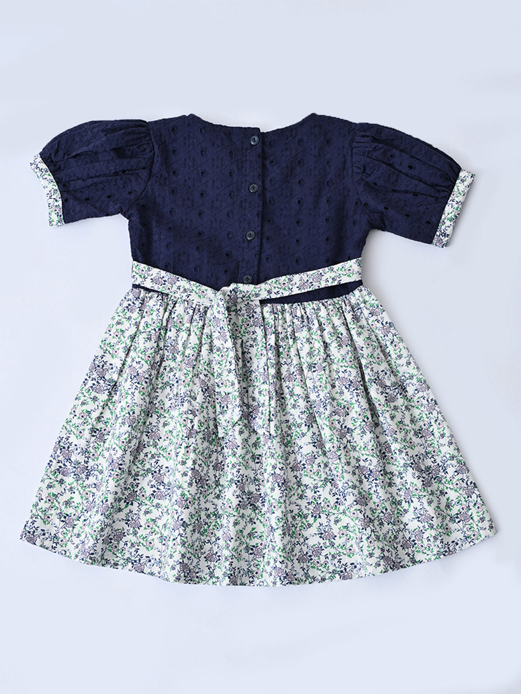 Baby Girls Printed Cotton Woven Fit & Flare Dress with Puff Sleeves and Bow Appilque-Blue- MADR649L