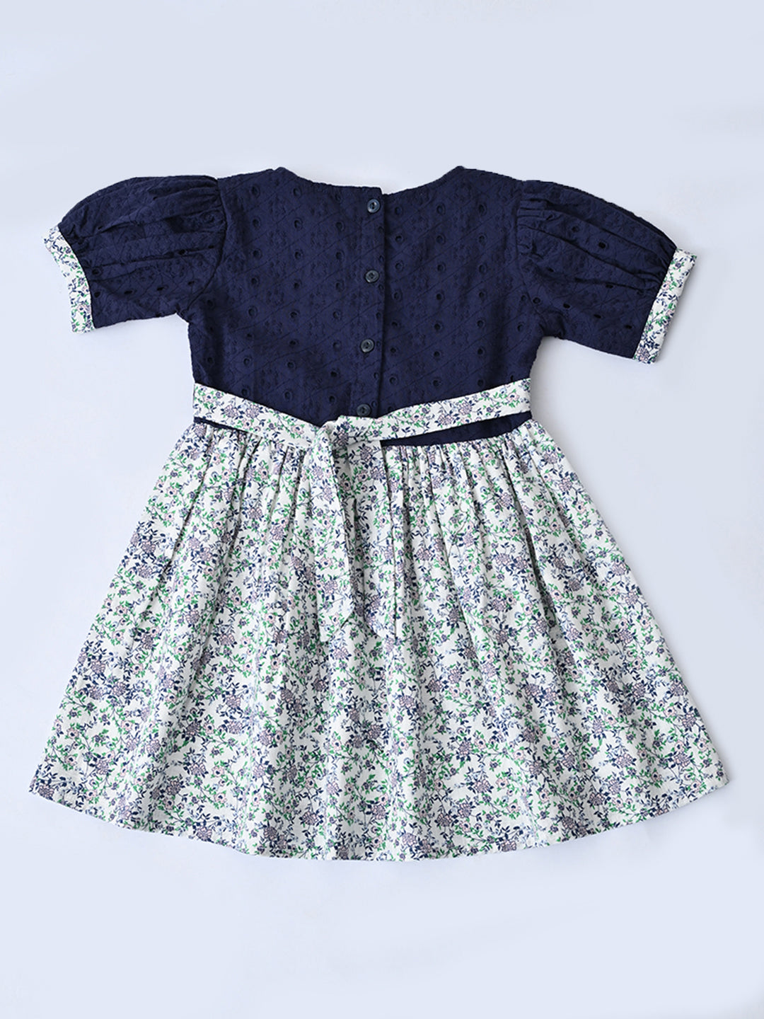 Baby Girls Printed Cotton Woven Fit & Flare Dress with Puff Sleeves and Bow Appilque-Blue- MADR649L
