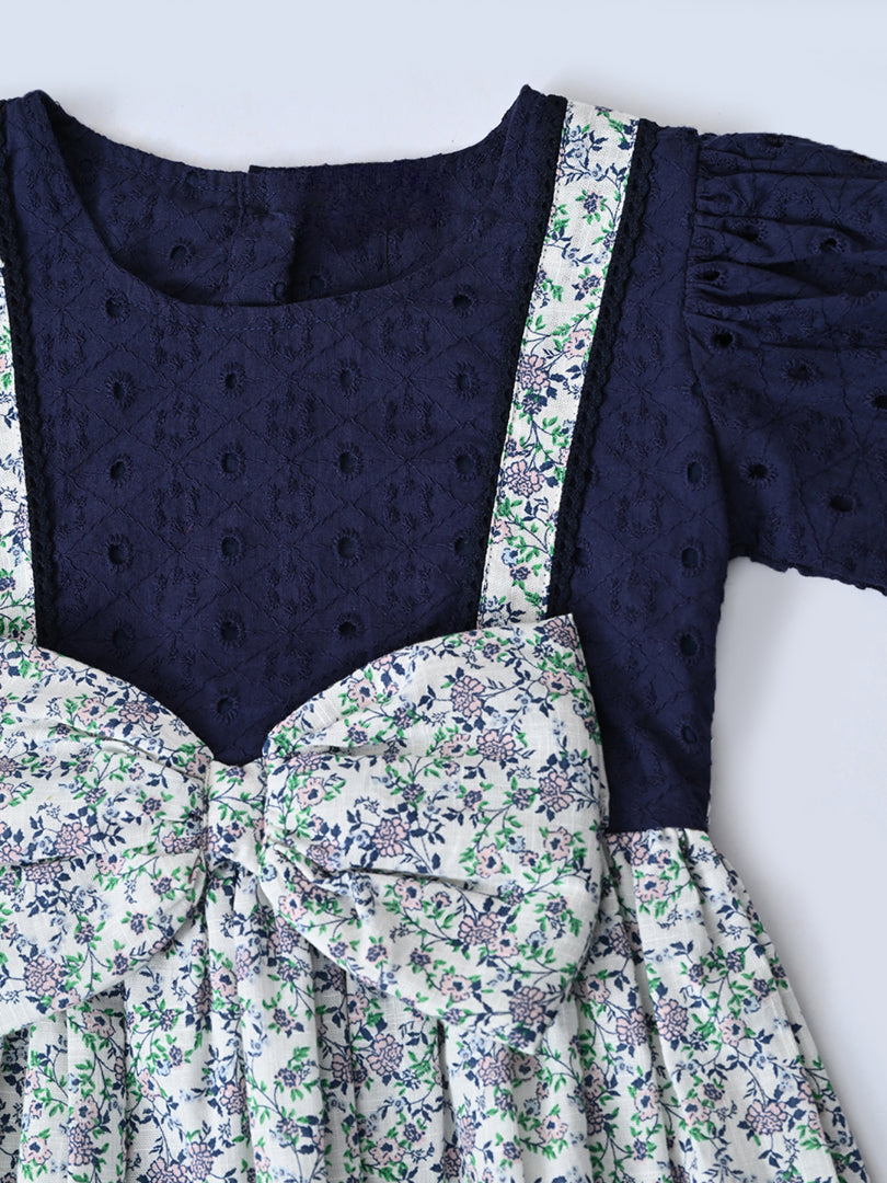 Baby Girls Printed Cotton Woven Fit & Flare Dress with Puff Sleeves and Bow Appilque-Blue- MADR649L
