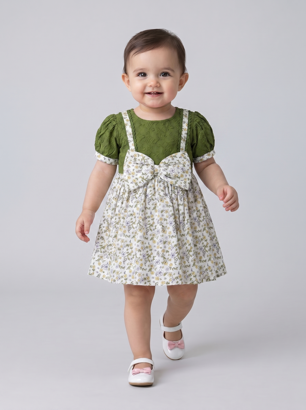Baby Girls Printed Cotton Woven Fit & Flare Dress with Puff Sleeves and Bow Appilque-Green- MADR650L
