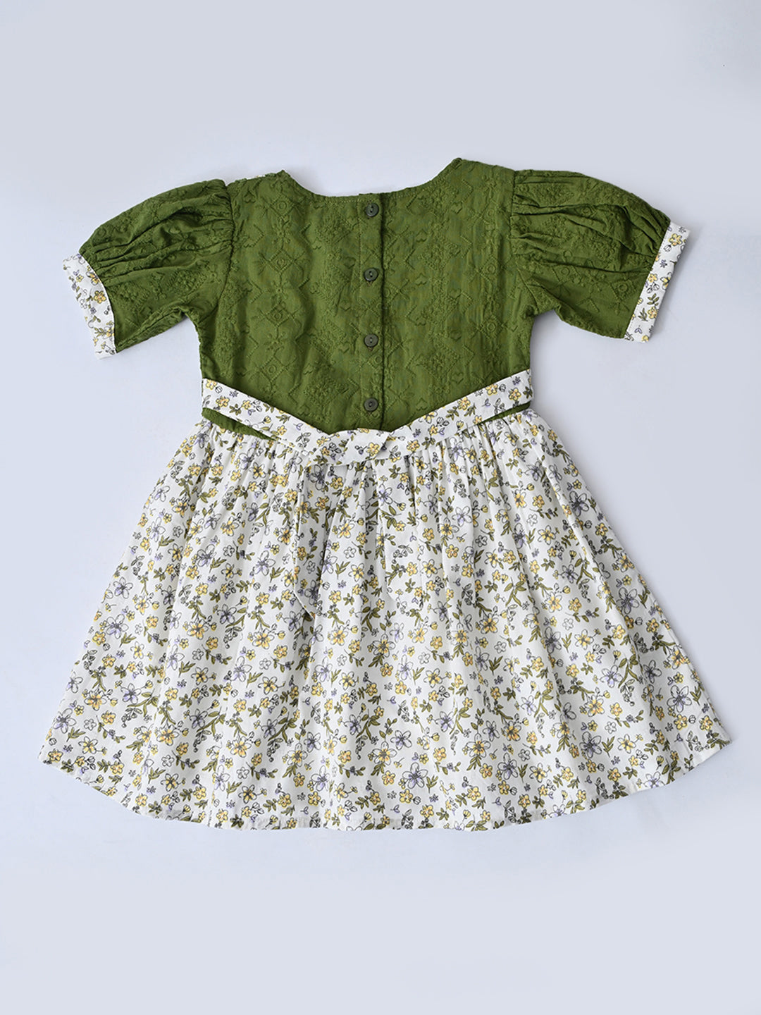 Baby Girls Printed Cotton Woven Fit & Flare Dress with Puff Sleeves and Bow Appilque-Green- MADR650L