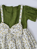 Baby Girls Printed Cotton Woven Fit & Flare Dress with Puff Sleeves and Bow Appilque-Green- MADR650L