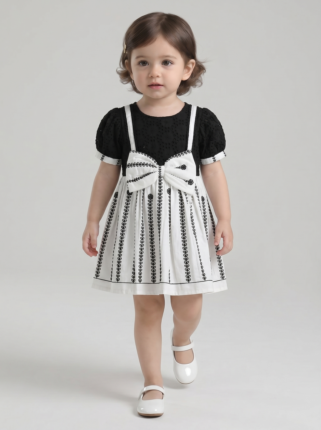Baby Girls Printed Cotton Woven Fit & Flare Dress with Puff Sleeves and Bow Appilque-Black- MADR651L