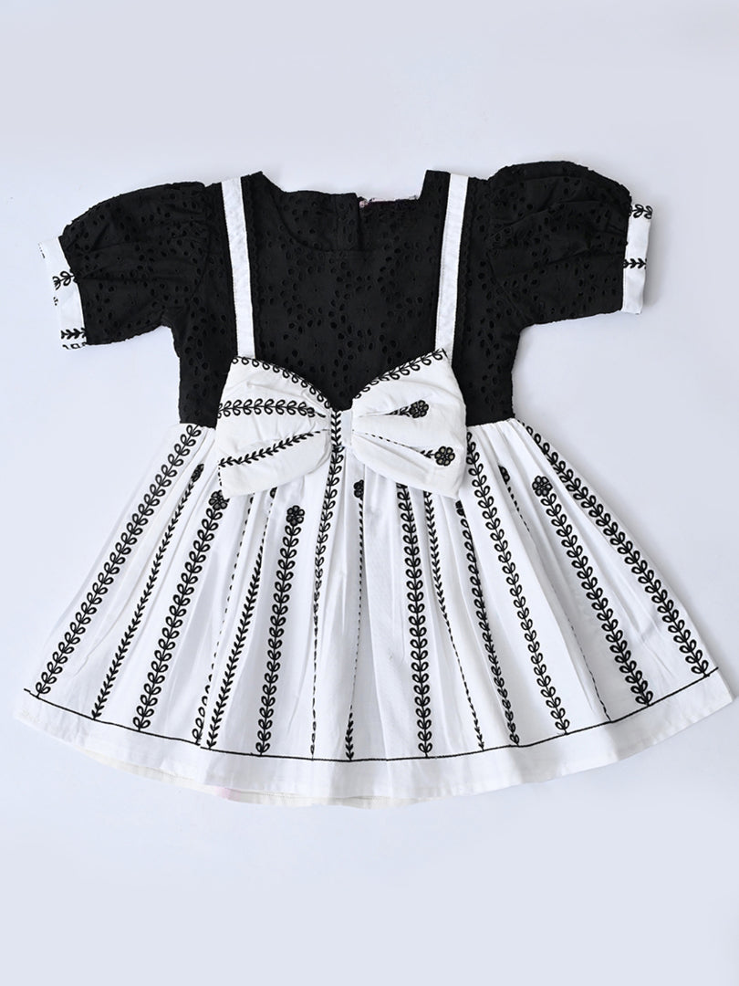 Baby Girls Printed Cotton Woven Fit & Flare Dress with Puff Sleeves and Bow Appilque-Black- MADR651L