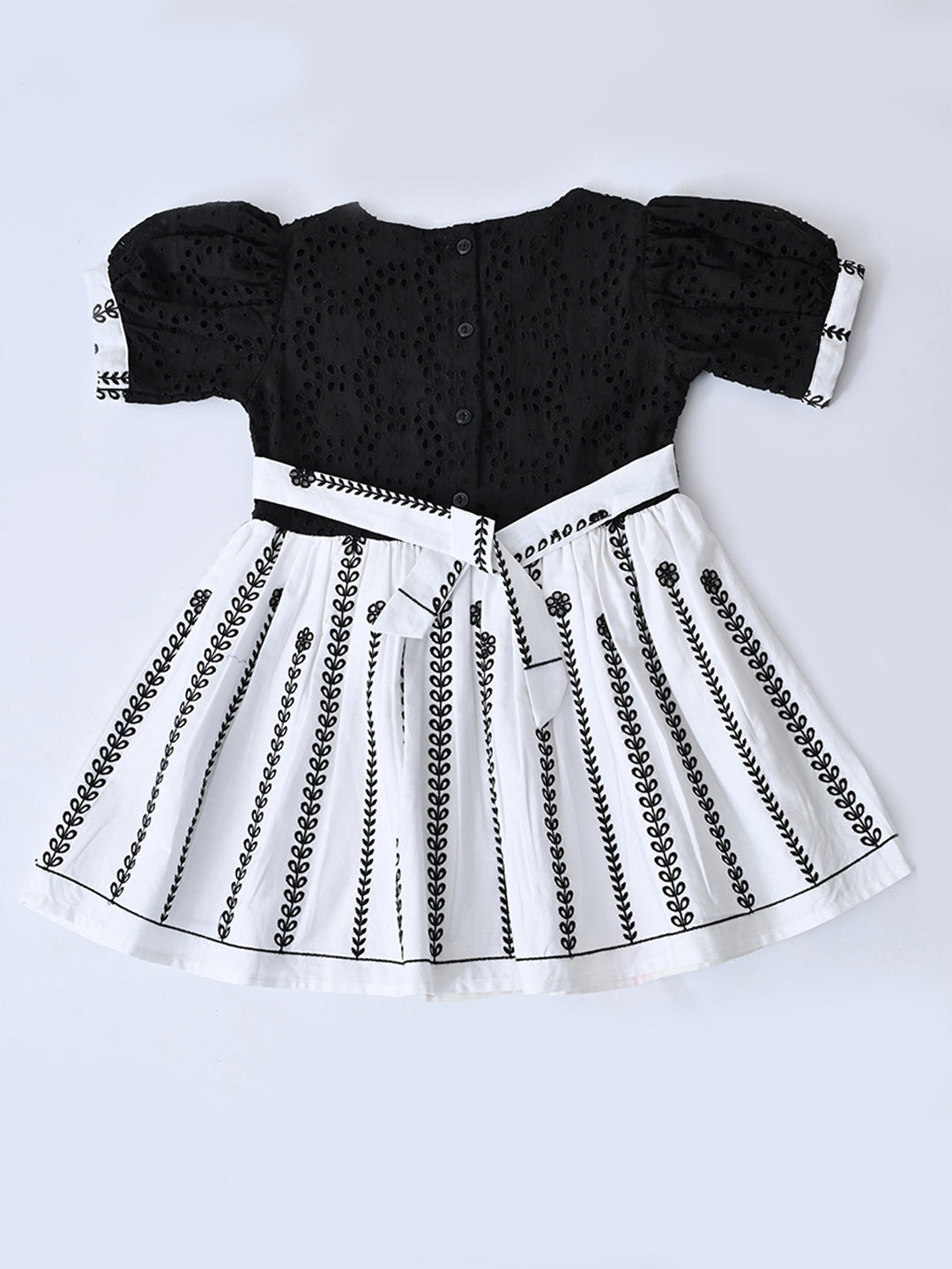 Baby Girls Printed Cotton Woven Fit & Flare Dress with Puff Sleeves and Bow Appilque-Black- MADR651L