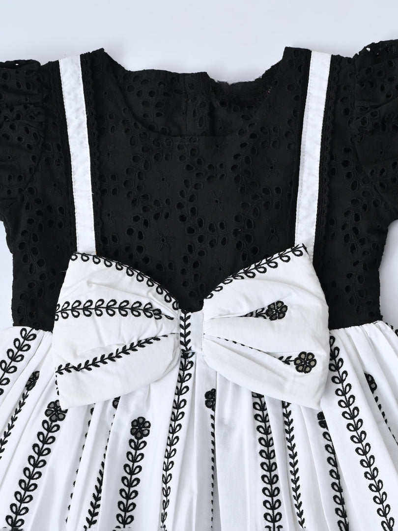 Baby Girls Printed Cotton Woven Fit & Flare Dress with Puff Sleeves and Bow Appilque-Black- MADR651L