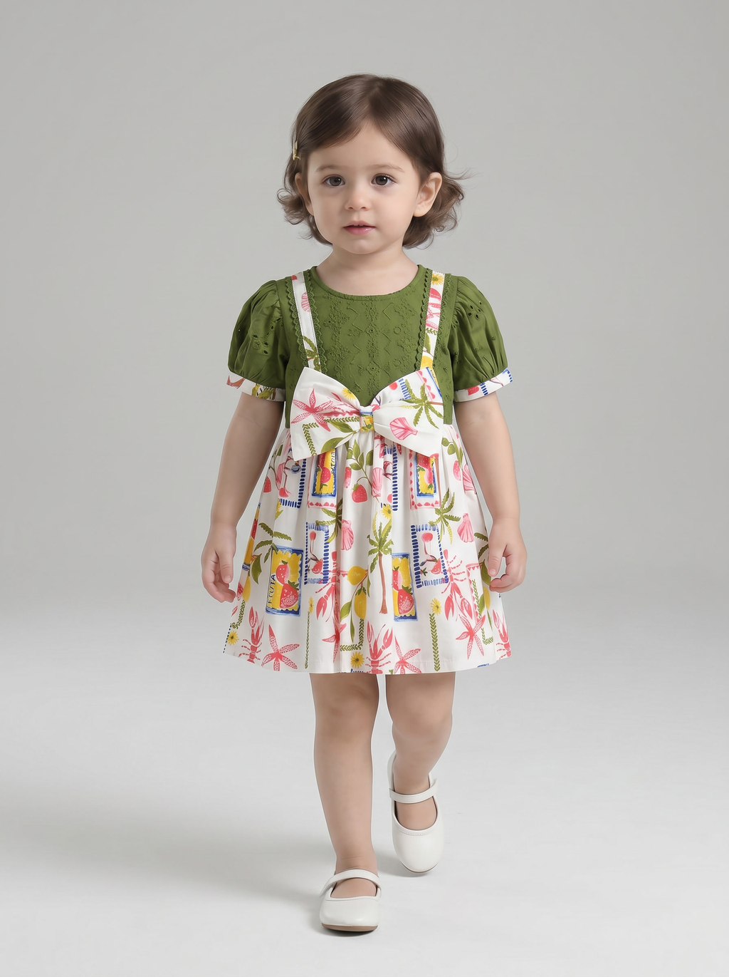 Baby Girls Printed Cotton Woven Fit & Flare Dress with Puff Sleeves and Bow Appilque-Green- MADR652L