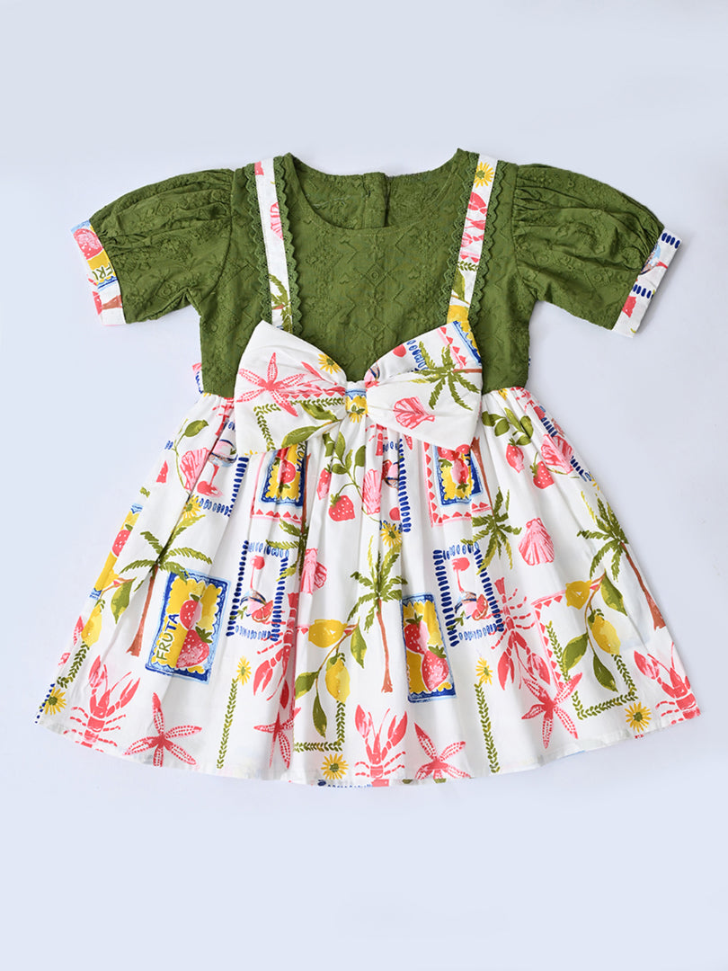 Baby Girls Printed Cotton Woven Fit & Flare Dress with Puff Sleeves and Bow Appilque-Green- MADR652L