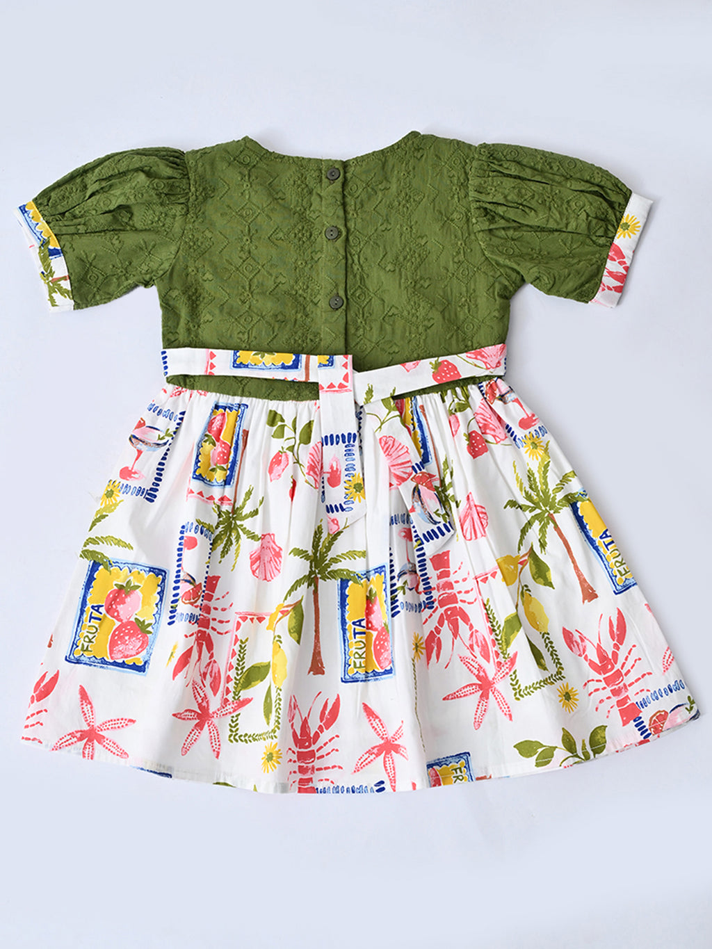 Baby Girls Printed Cotton Woven Fit & Flare Dress with Puff Sleeves and Bow Appilque-Green- MADR652L